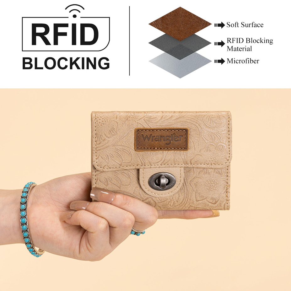 Floral Embossed RFID Trifold Wallet - Tan