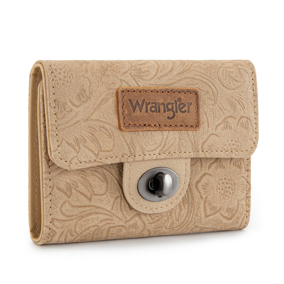 Floral Embossed RFID Trifold Wallet - Tan