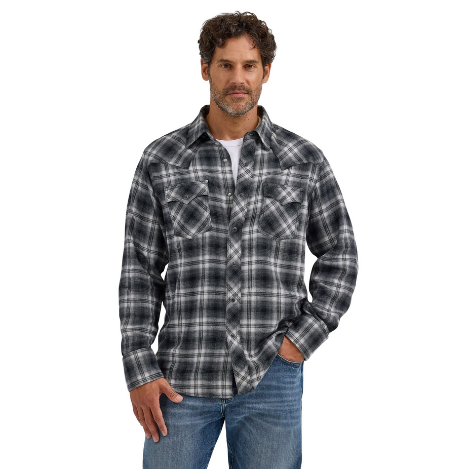 Retro® Long Sleeve Flannel Western Snap Plaid Shirt - Gray Plaid