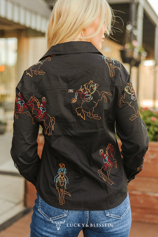 Black Western Cowboy Embroidered Pearl Snap Button Down Shirt