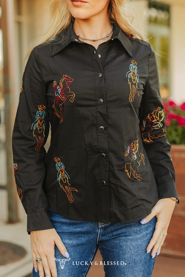 Black Western Cowboy Embroidered Pearl Snap Button Down Shirt