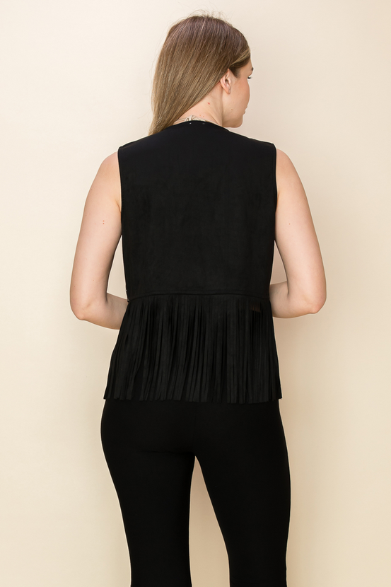 Embroidered Fringe Hem Floral Sleeveless Suede Vest
