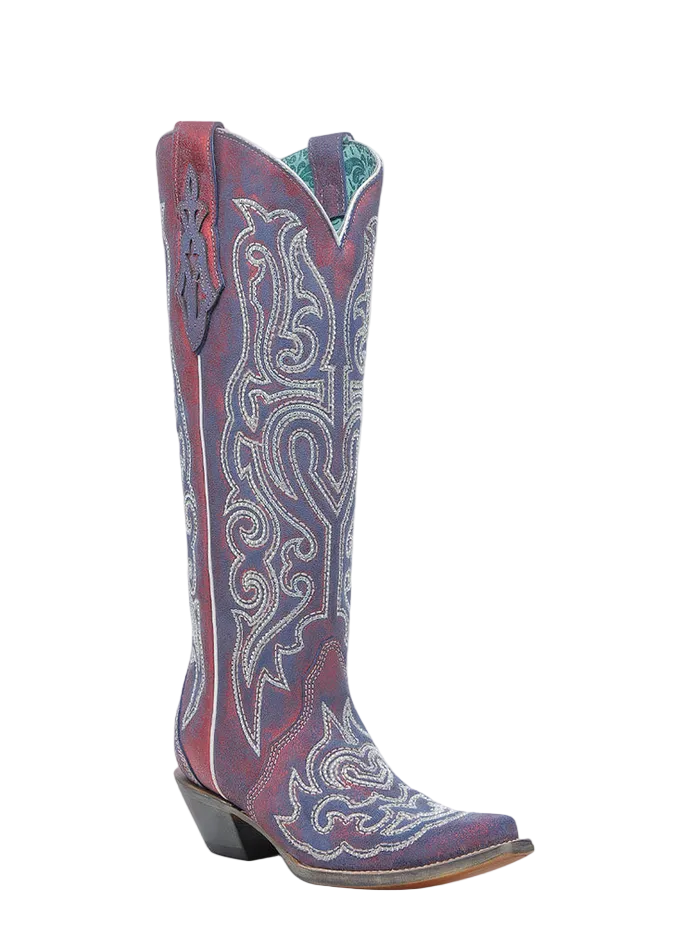 A4772 Blue & White Chameleon Effect Embroidered Crystal Red Tall Boot