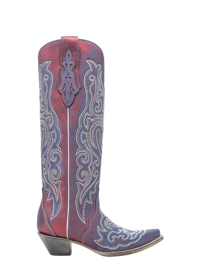 A4772 Blue & White Chameleon Effect Embroidered Crystal Red Tall Boot