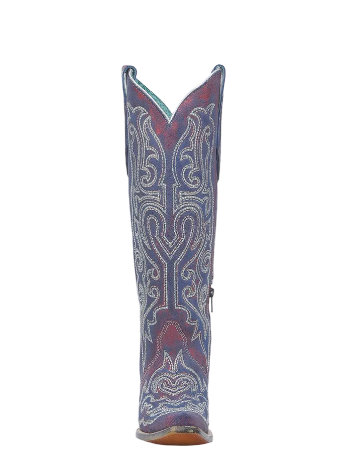 A4772 Blue & White Chameleon Effect Embroidered Crystal Red Tall Boot