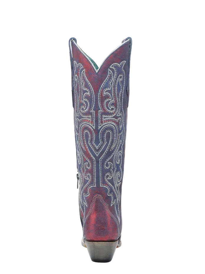 A4772 Blue & White Chameleon Effect Embroidered Crystal Red Tall Boot
