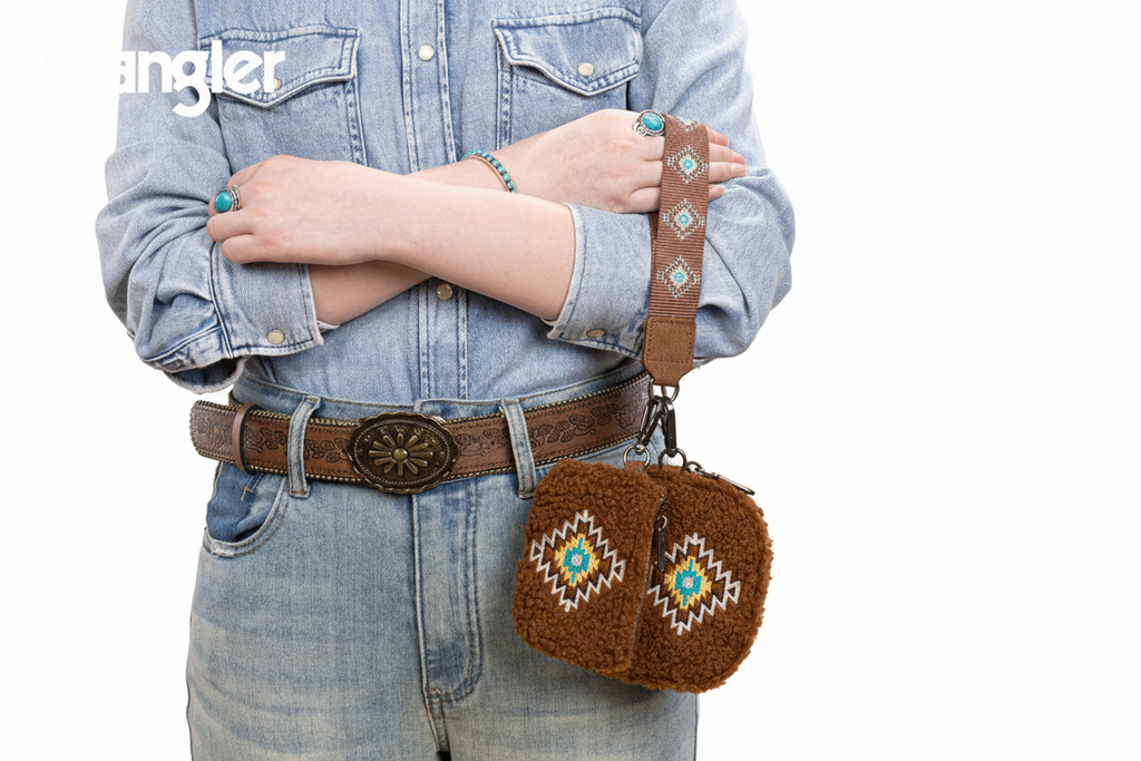 Wrangler Sherpa Embroidered Aztec Dual Pouch Wristlet - Brown