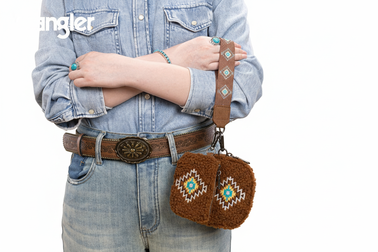 Wrangler Sherpa Embroidered Aztec Dual Pouch Wristlet - Brown