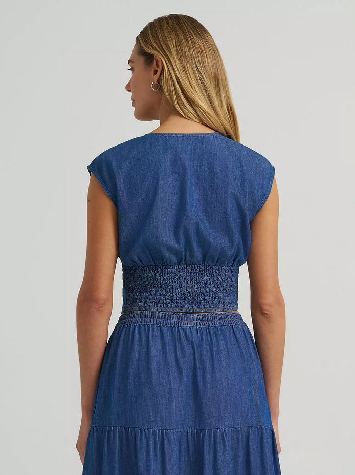 Women's Wrangler Smocked Crop Denim Blouse