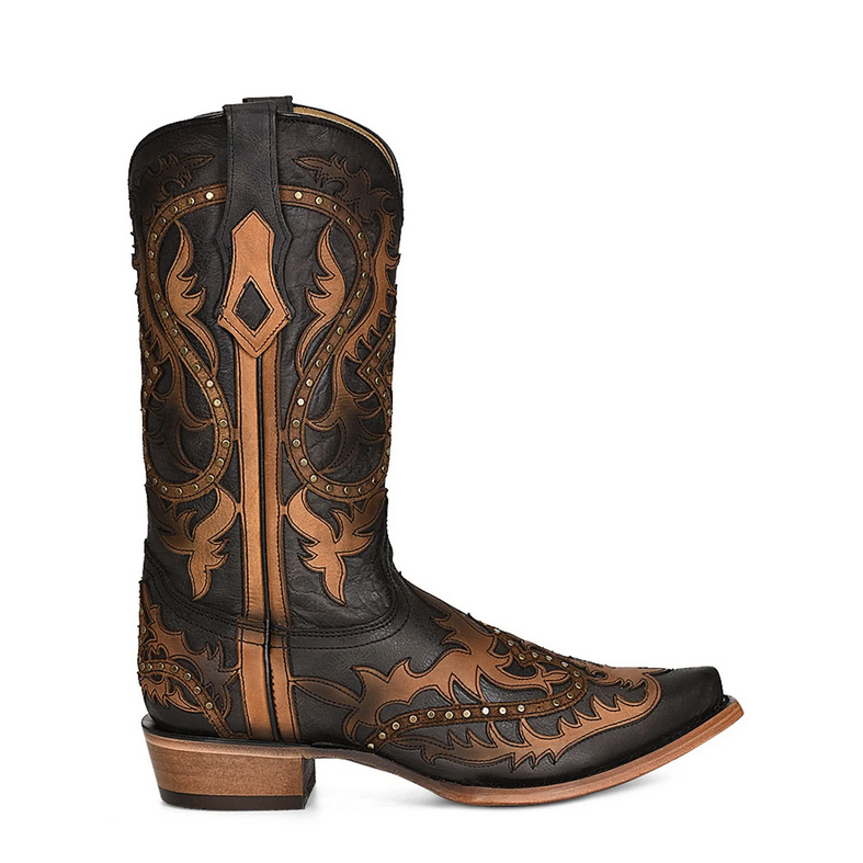 C3989 Black Honey Leather Overlay Cowboy Boot