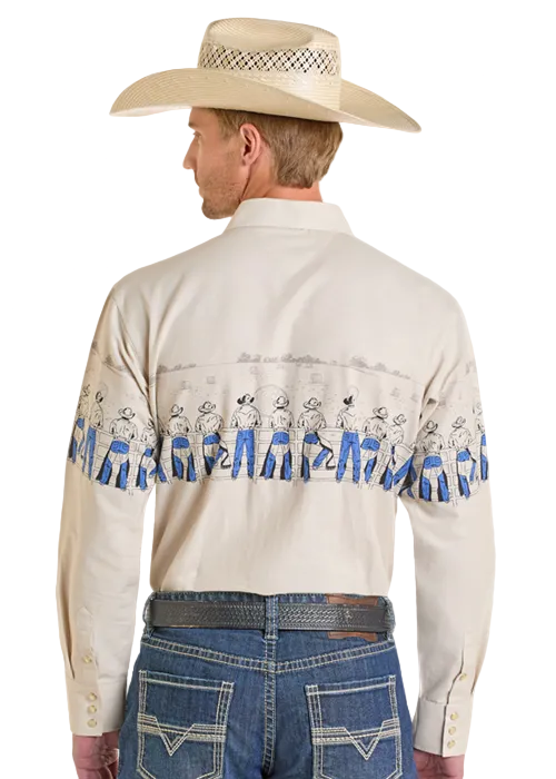 Men's Denim Cowboy Border Print Snap Shirt