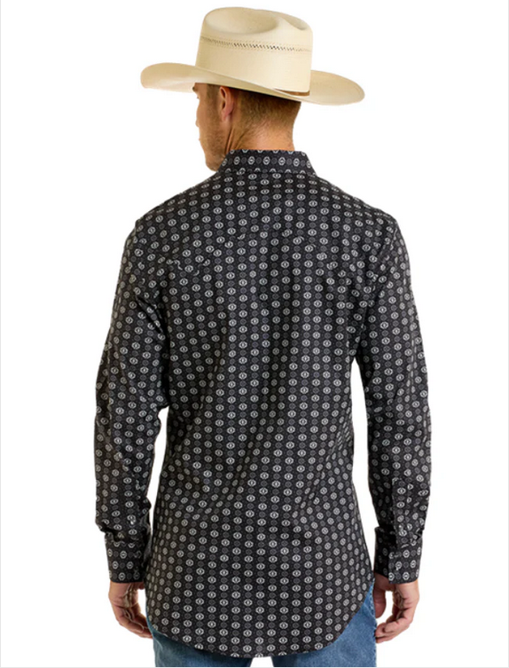 Men's Black Mini Aztec Long Sleeve Snap Shirt