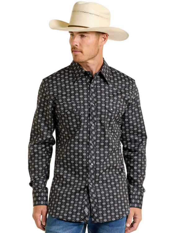 Men's Black Mini Aztec Long Sleeve Snap Shirt