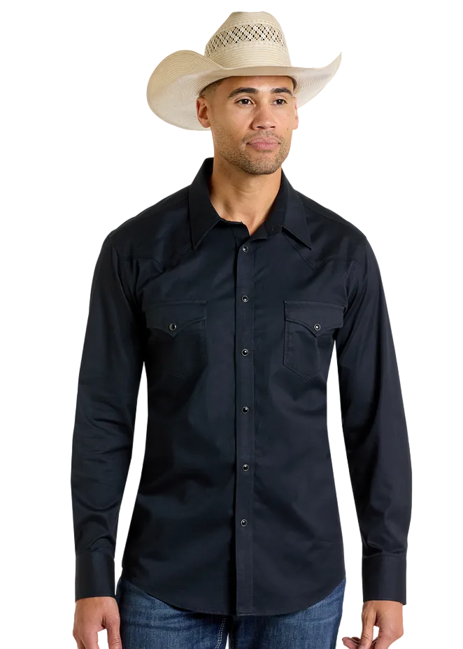 Men's Black Solid Twill Long Sleeve Snap Shirt