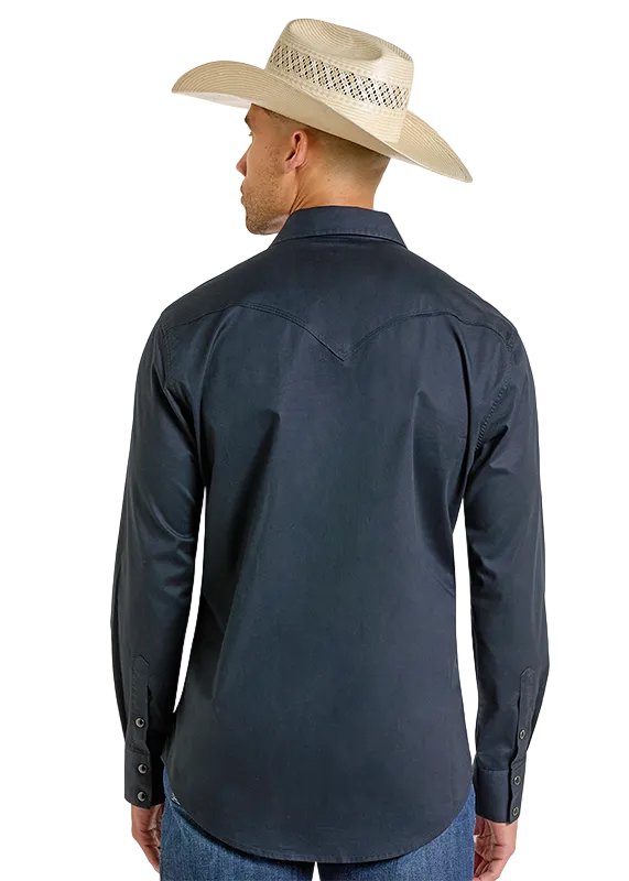 Men's Black Solid Twill Long Sleeve Snap Shirt