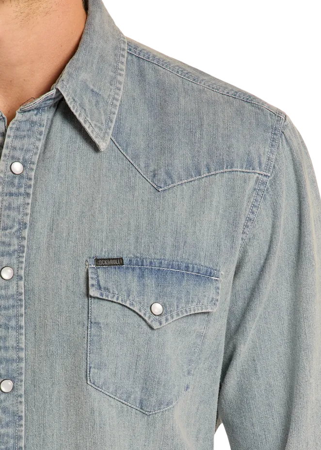 Slim Fit Medium Wash Denim Snap Shirt