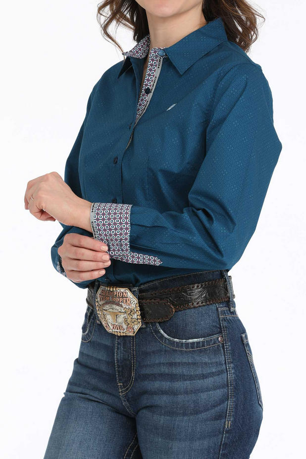 Ladies' Geometric Print Button Down Long Sleeve Shirt
