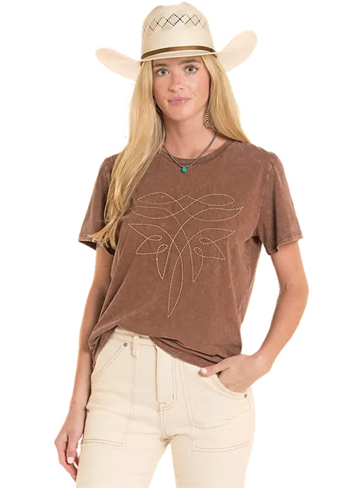 Mahogany Brown Mineral Wash Boot Stitch Tee Shirt
