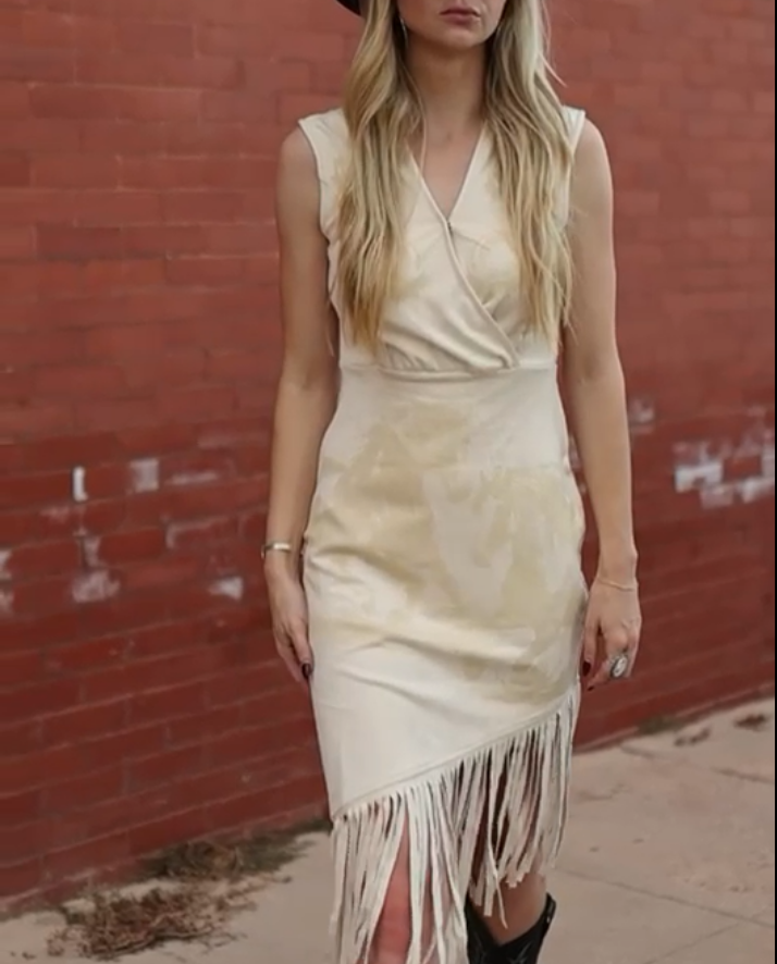 Cream Stretch Suede Horse Printed Wrap Fringe Dress