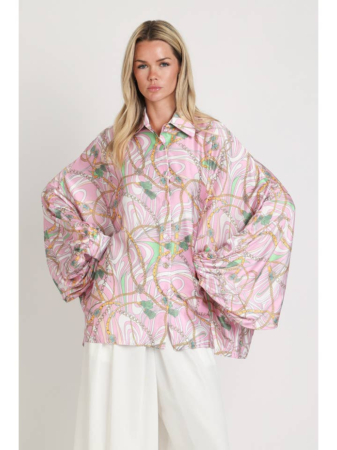 Equestrian Chain Print Satin Dolman Blouse OSFA