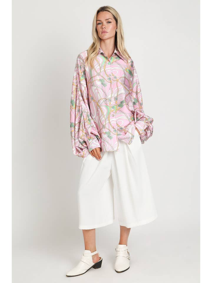 Equestrian Chain Print Satin Dolman Blouse OSFA