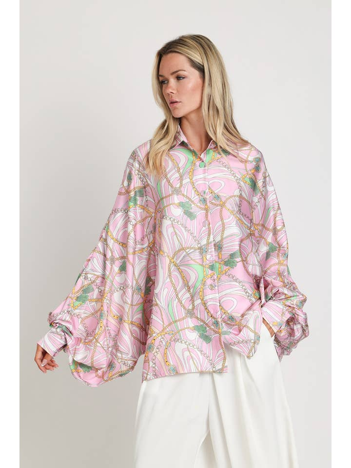 Equestrian Chain Print Satin Dolman Blouse OSFA