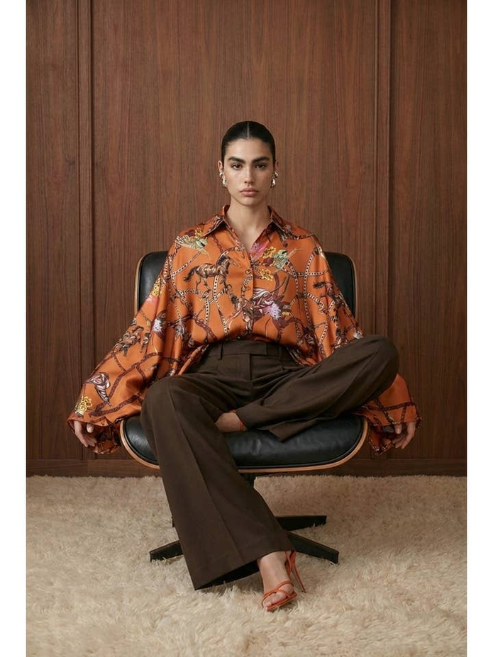 Equestrian Chain Print Satin Dolman Blouse OSFA